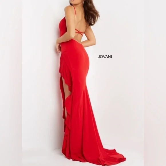 La Femme Jovanni 28294 Lace-up Open Back Ruffle High-Low Dress Size 6